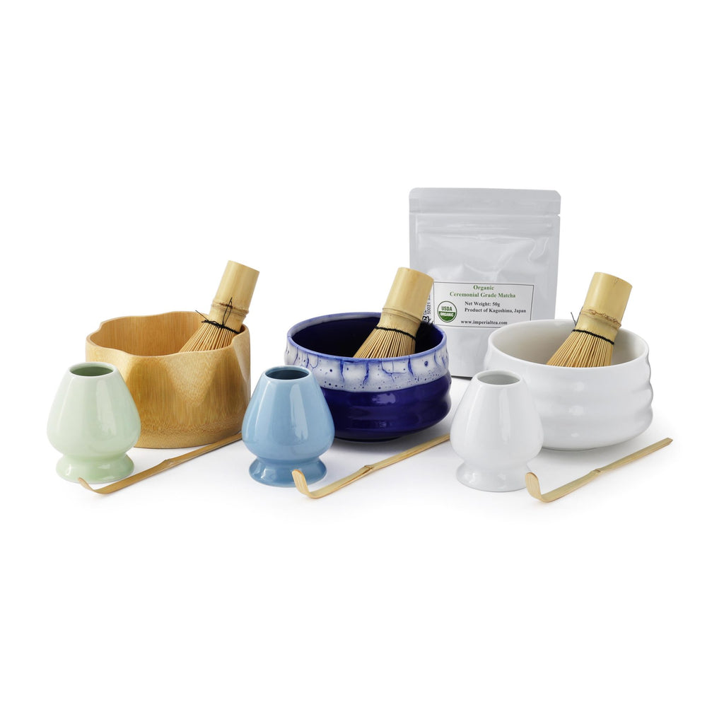 Matcha set with 3 styles of bowls, bamboo whisk, and spoon.